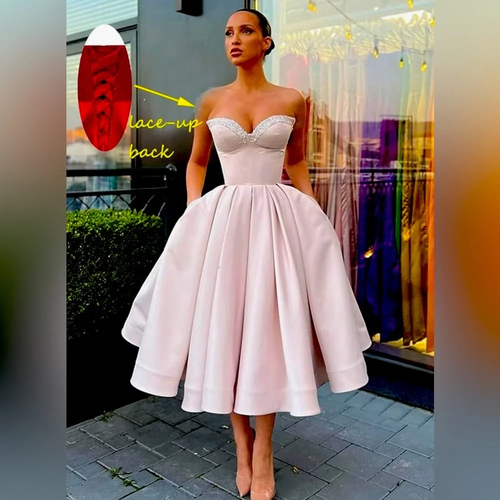 New Sweetheart Strapless Short Homecoming Dress Satin A-line Gown with Pockets - Picture 2 of 10